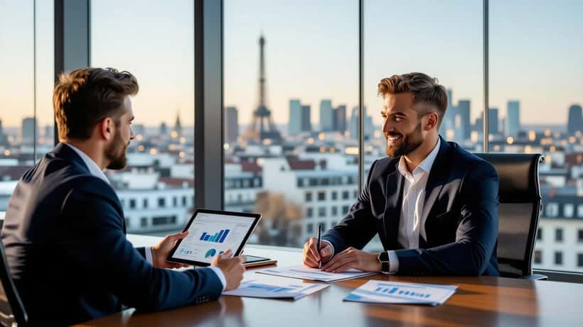 Jeune footballeur en costume consultant un conseiller en gestion de patrimoine dans un bureau parisien