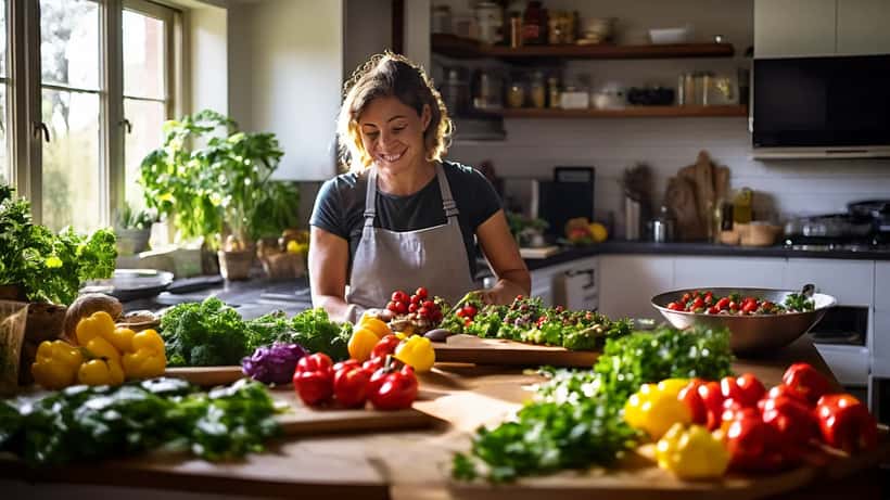 Home cook preparing fresh whole vegetables in a Sydney kitchen with MasterChef on TV in background
