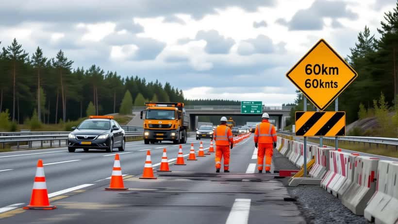 Vejarbejde med kegler og lavere hastighedsgrænse på E20-motorvejen i Danmark