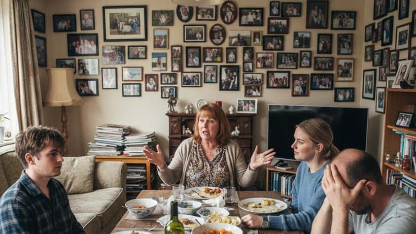 Tense family dinner scene showing adult children and parents at a cluttered suburban dinner table, documentary style
