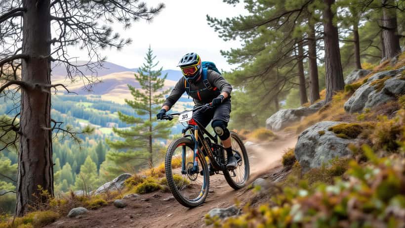 Mountain biker descending steep Scottish Highland trail during Trans Caledonia Enduro 2026