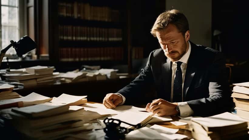 Dansk advokat gennemgår juridiske dokumenter ved skrivebord med lovbøger og håndjern