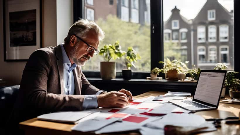 Financieel adviseur in Amsterdam bestudeert beleggingsportefeuille met dalende beursgrafiek op laptop