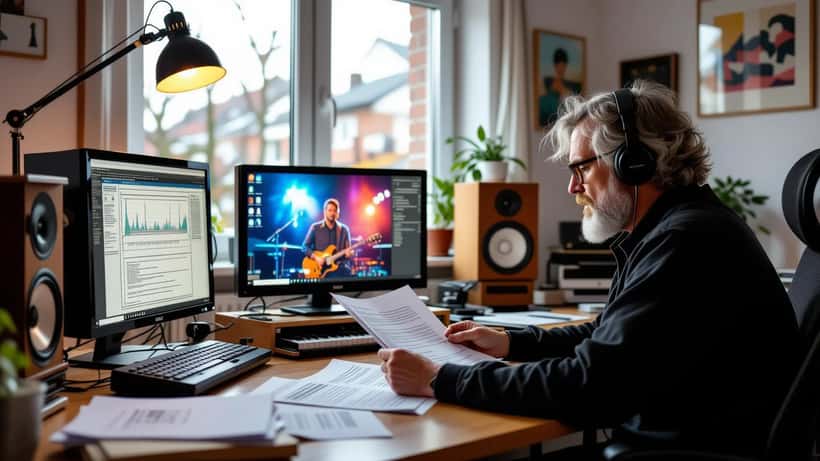 Suomalainen muusikko tarkistaa tekijänoikeusasiakirjoja kotistudiossa televisiosta kuuluvan musiikkiohjelman aikana
