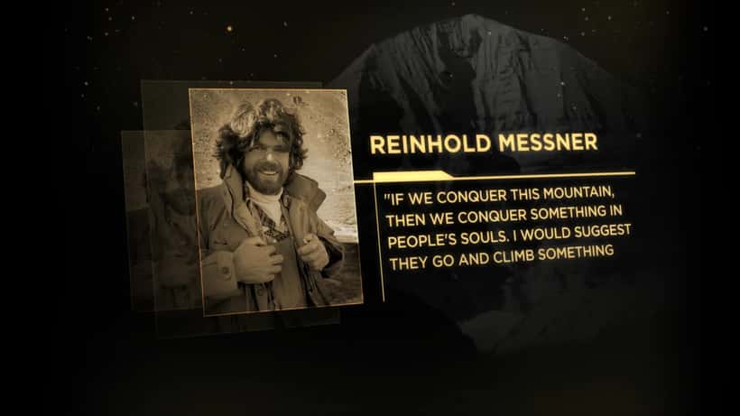 Reinhold Messner en montagne, paysage himalayien en arrière-plan