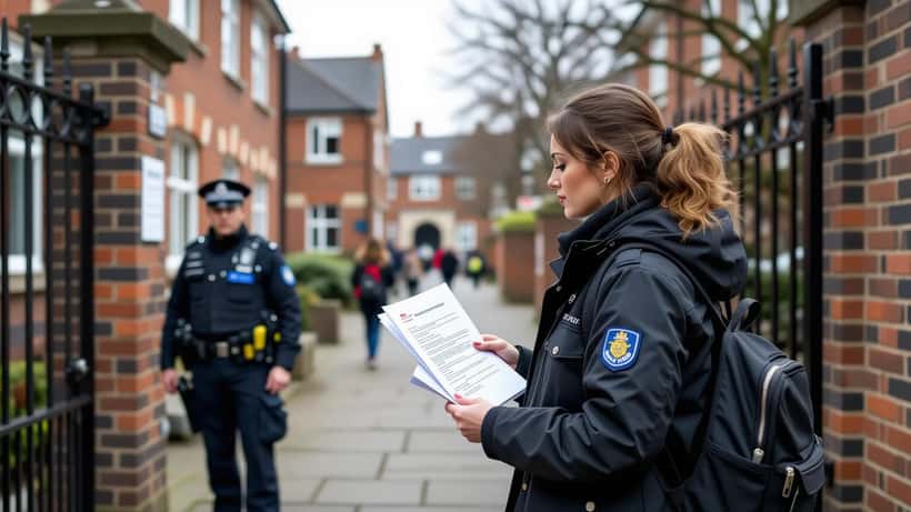 Worried parent outside London secondary school gates checking phone showing social media post, police officer in background