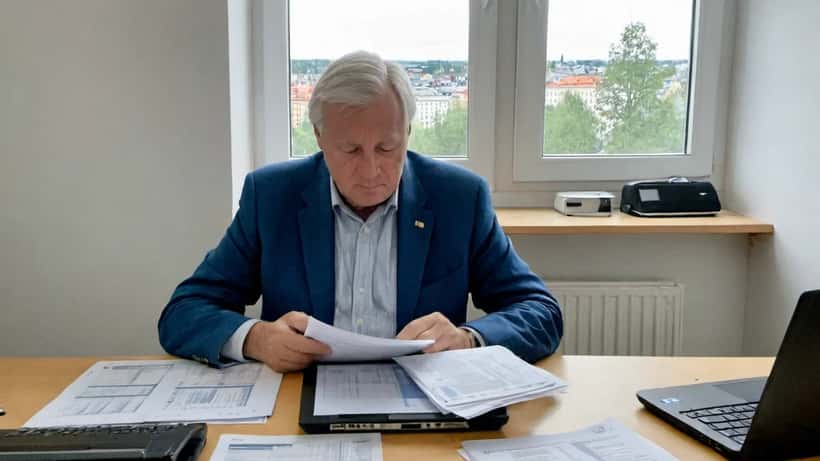 Finansiell rådgivare går igenom vårbudgeten 2026 på laptop och papper