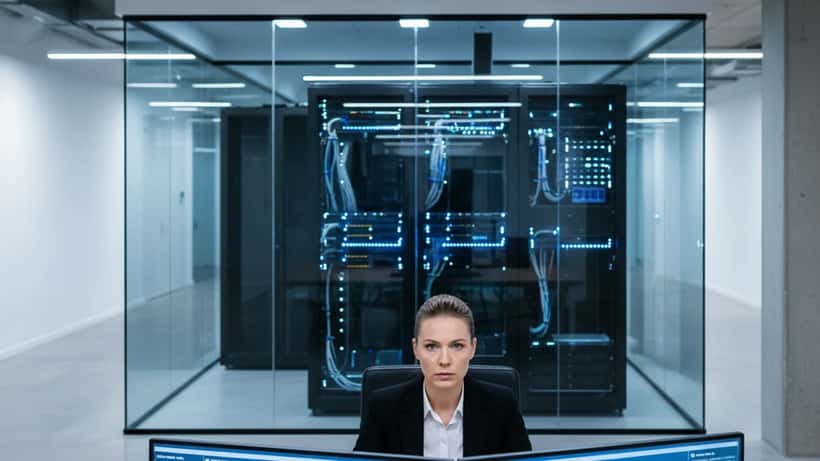 Suomalainen IT-turvallisuuden asiantuntija tarkastelee verkonvalvontanäyttöjä Helsingissä