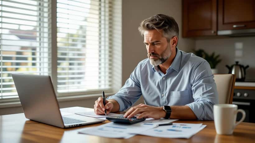 Australian small business owner reviewing commercial loan statements and calculator after RBA rate hike September 2026