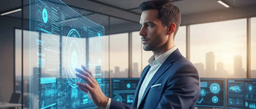 Professionista IT italiano davanti a schermi con interfaccia di cybersecurity in ufficio moderno