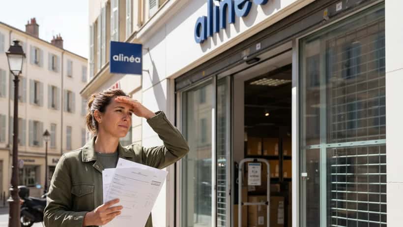Femme devant un magasin Alinéa fermé à Marseille tenant des documents de commande