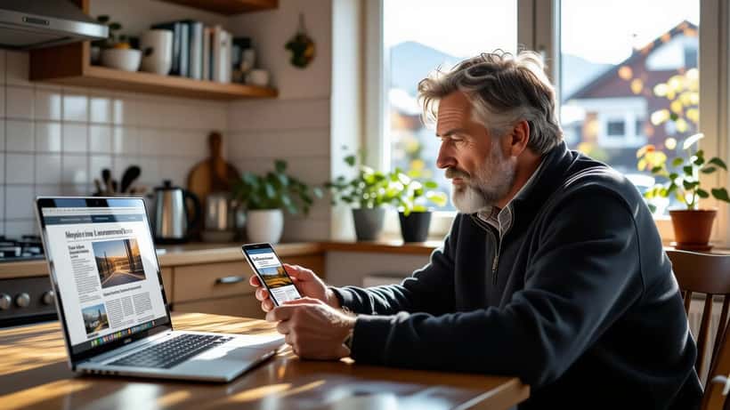 Bekymret mann leser en falsk investeringsannonse som utgir seg for å være en lokalavis på mobil og laptop