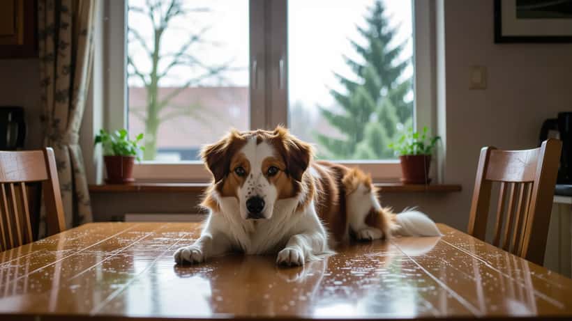 Verängstigter Hund versteckt sich bei Gewitter unter einem Tisch im Wohnzimmer