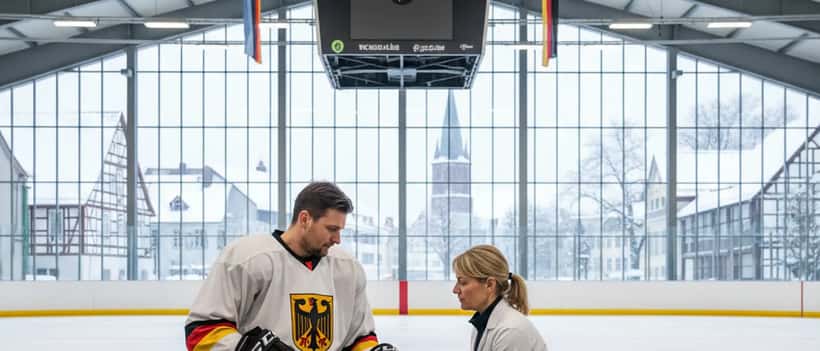 Amateurschlittschuhläufer erhält Knieuntersuchung durch Sportmediziner am Rand der Eisfläche