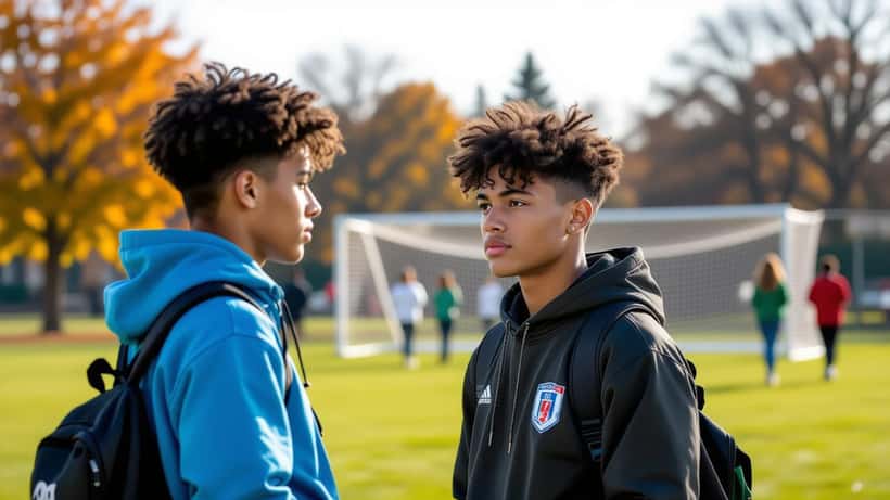 Adolescent en équipement de football assis sur la touche, genou examiné par un entraîneur sportif