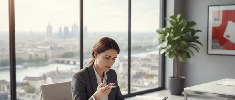 Une avocate française en droit du travail consulte un dossier relatif aux obligations de l'employeur en situation de conflit international