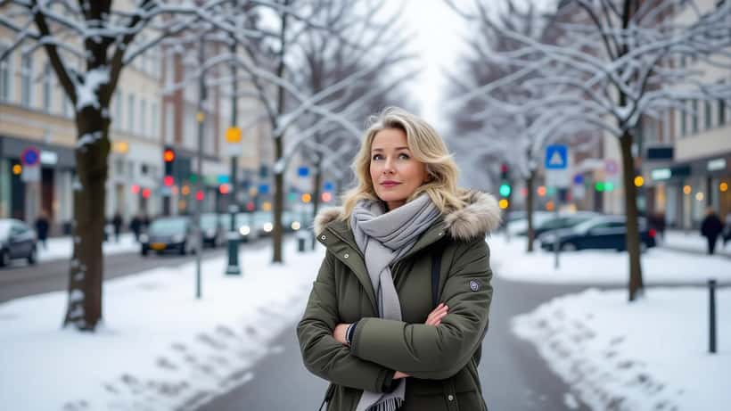 Frau in Frühlingsjacke friert im Kälteeinbruch der Eisheiligen im Mai in Deutschland