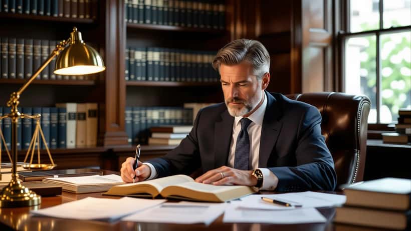 Solicitor reviewing an open memoir and legal documents at a desk in a London law office