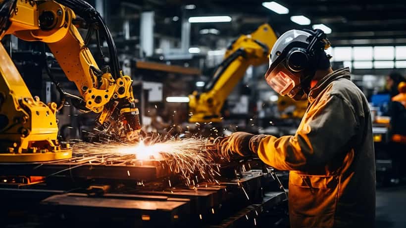 Industriële robotarm last op een Nederlandse fabrieksvloer terwijl een veiligheidsbevestigde medewerker toekijkt
