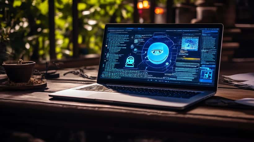 Illustrazione di un laptop con simboli di phishing e sicurezza informatica