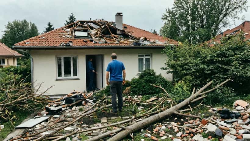 Hausbesitzer begutachtet Sturmschäden am Dach in Österreich