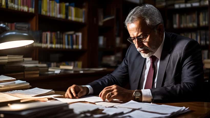 Advogado analisando documentos criminais em escritório de advocacia