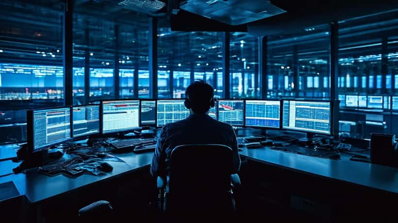 IT-Sicherheitsanalyst prüft KI-Schwachstellenreport auf Monitoren in einem Berliner Security Operations Center