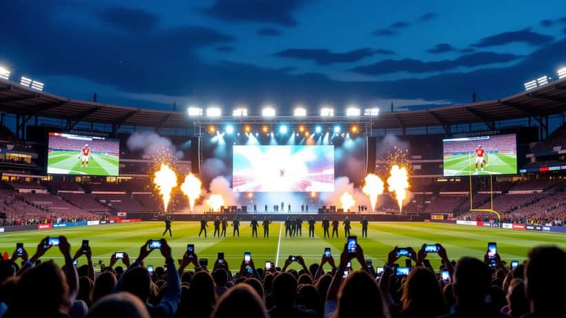 Floodlit stadium stage during the 2026 World Cup final halftime show with performers and a huge crowd