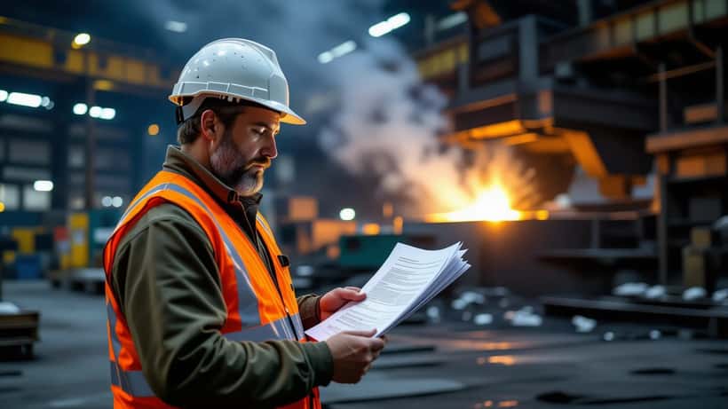 Travailleur en tenue de protection consultant un document de licenciement dans une aciérie suisse, fourneau électrique en arrière-plan