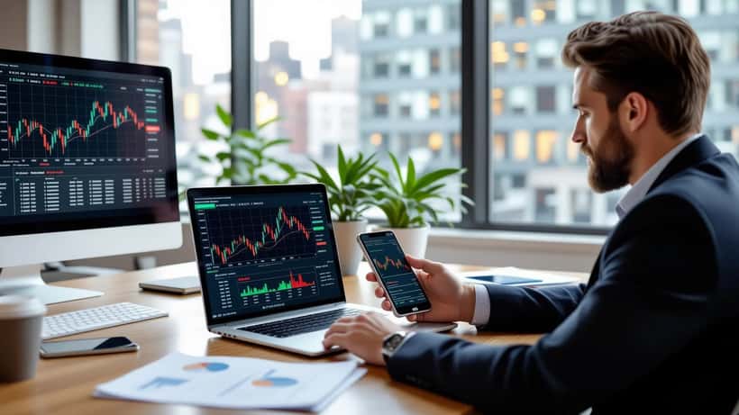 Man reviewing Uber Technologies stock chart on smartphone with earnings report on desk
