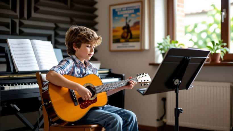 Bambino impara chitarra con insegnante in studio di musica durante la stagione dei concerti estate 2026