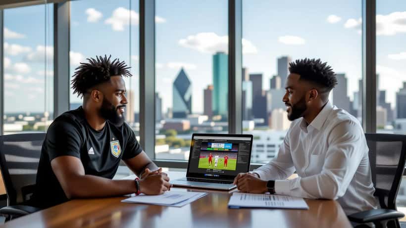 Curaçao footballer and financial advisor reviewing World Cup bonus contract documents in Houston