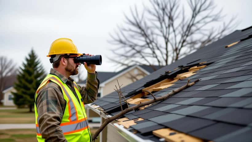 Licensed contractor examining storm-damaged home in suburban Oklahoma after June 22 tornado warnings