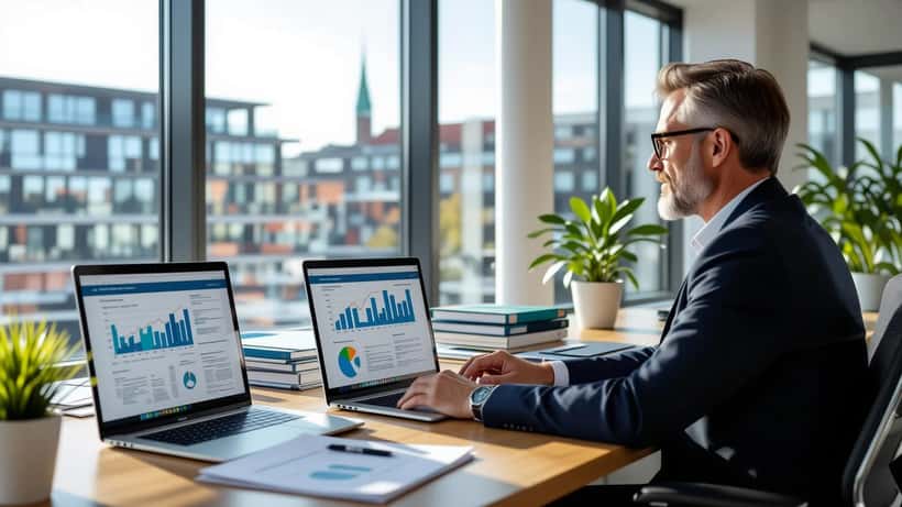 Dansk erhvervsleder gennemgår CSRD-bæredygtighedsrapport med ESG-datagrafer på laptop i moderne Københavns kontormiljø