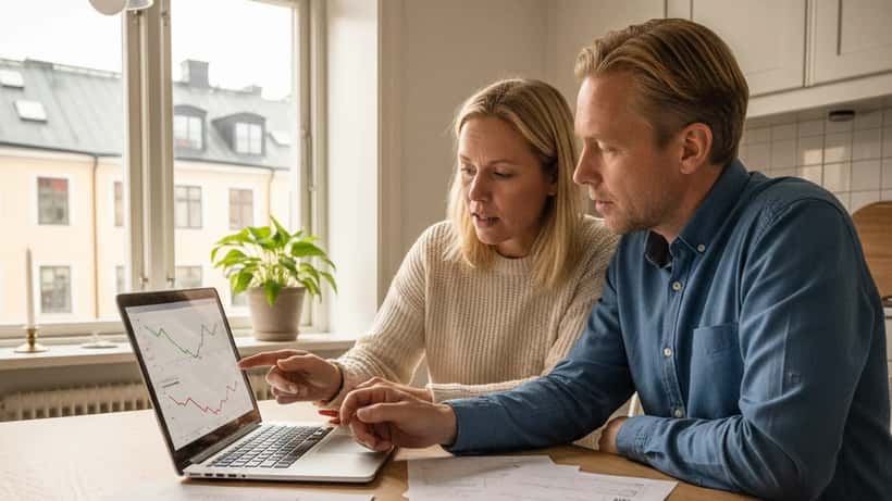 Svenskt par granskar ekonomi och hushållsbudget vid köksbordet i Stockholm april 2026
