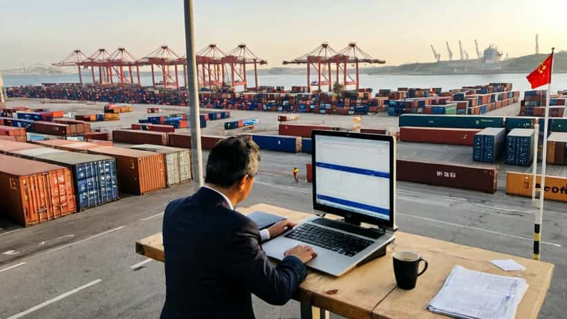 Terminal portuário em Lisboa com contentores de carga e dados de comércio internacional