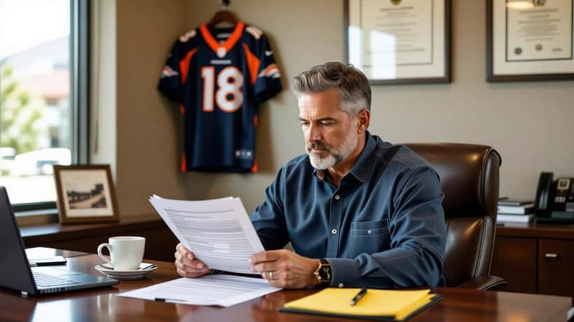 Hombre latino revisando contrato laboral en oficina de Denver con camiseta de los Broncos al fondo