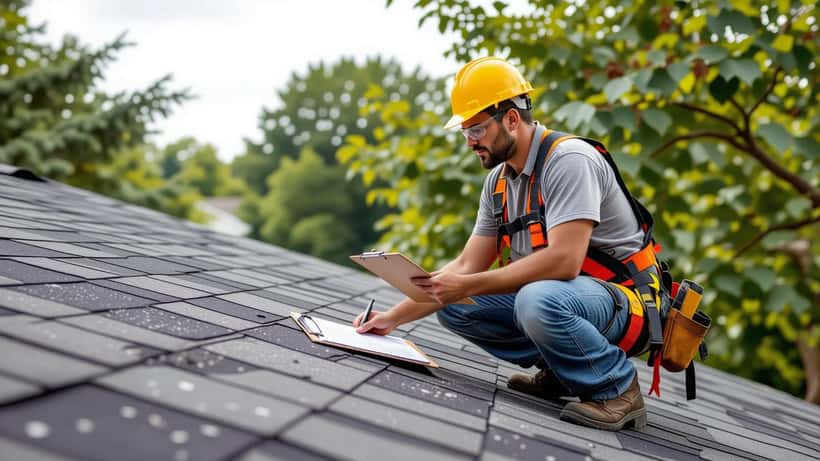Contratista inspeccionando daños en techo de casa en Chicago después de las tormentas de agosto 2026