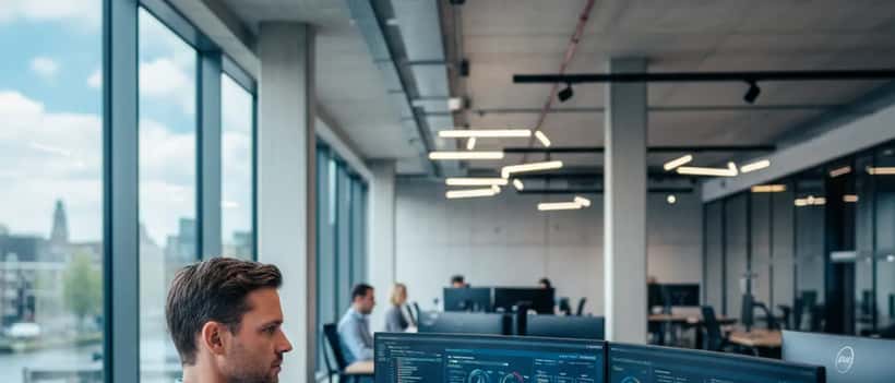 IT-specialist analyseert cyberveiligheidsdata op dual monitors in een modern kantoor