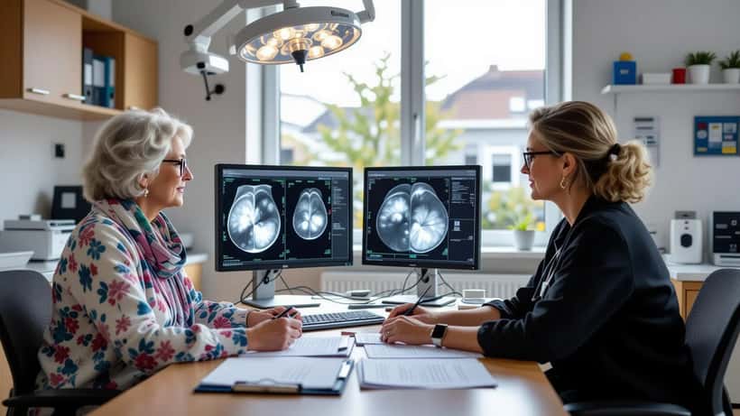 Vrouw en oncoloog bekijken mammogram in Nederlandse ziekenhuiskamer