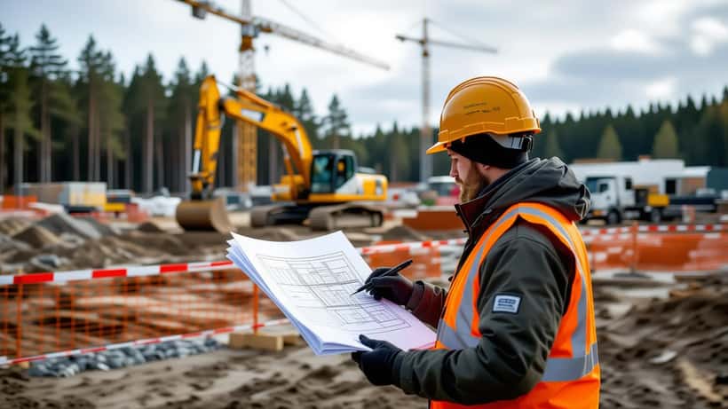 Civil ingenjör granskar ritningar vid planerad fängelsetomt i Vänersborg