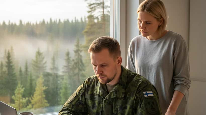 Suomalainen reserviläinen kotona armeijavarusteissa tarkastaa papereita ennen harjoitusta