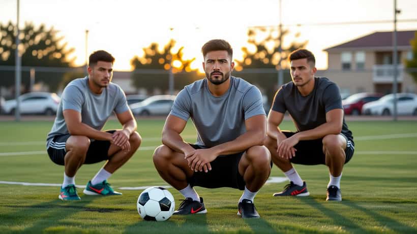 Hombre latino sentado en cancha de fútbol comunitaria sujetando la rodilla lesionada con sus compañeros a su alrededor