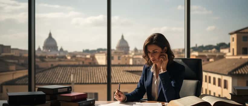 Professionista italiana in ufficio moderno che esamina documenti legali