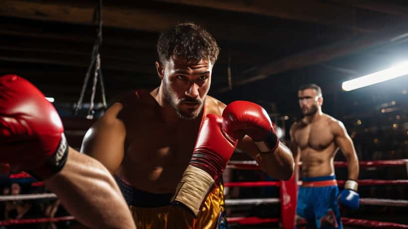 Boxer in defensive stance in a gym ring under fluorescent lights