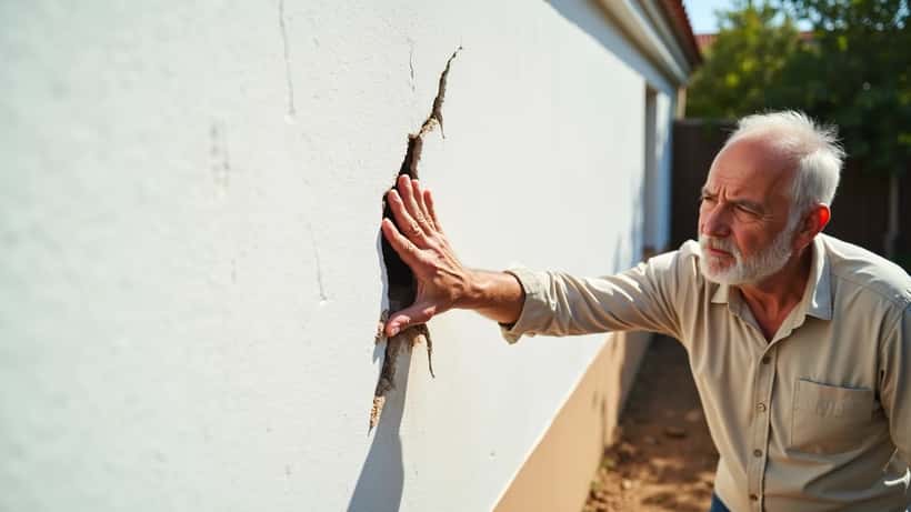 Proprietário português a examinar fissuras na parede exterior de casa durante a seca de abril 2026