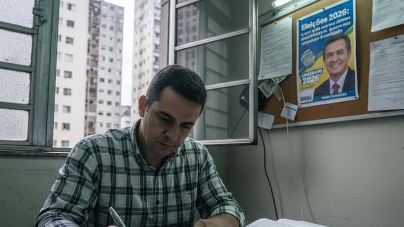 Trabalhador brasileiro revisando documentos da CLT em escritório com material de campanha ao fundo