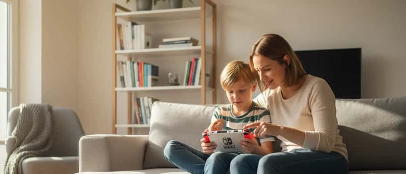 Elternteil und Kind betrachten gemeinsam eine Nintendo Switch Spielkonsole im Wohnzimmer