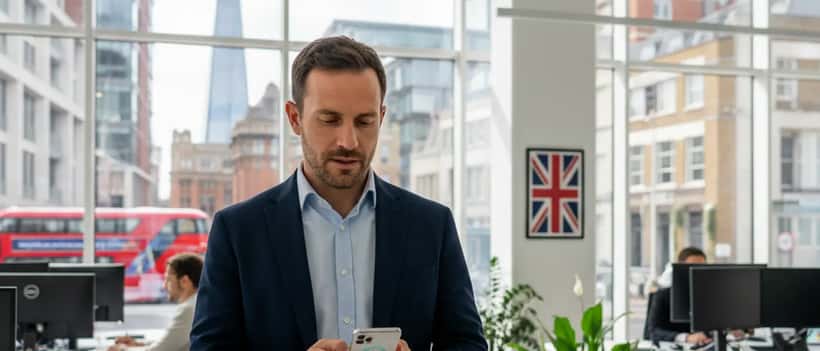 IT professional checking iPhone security update in a British office