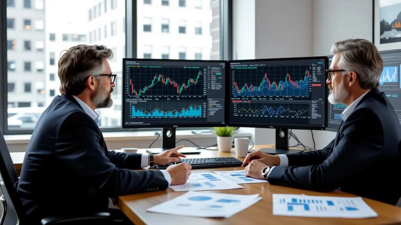 Wealth advisor reviewing energy portfolio charts and gas price graphs in a financial office